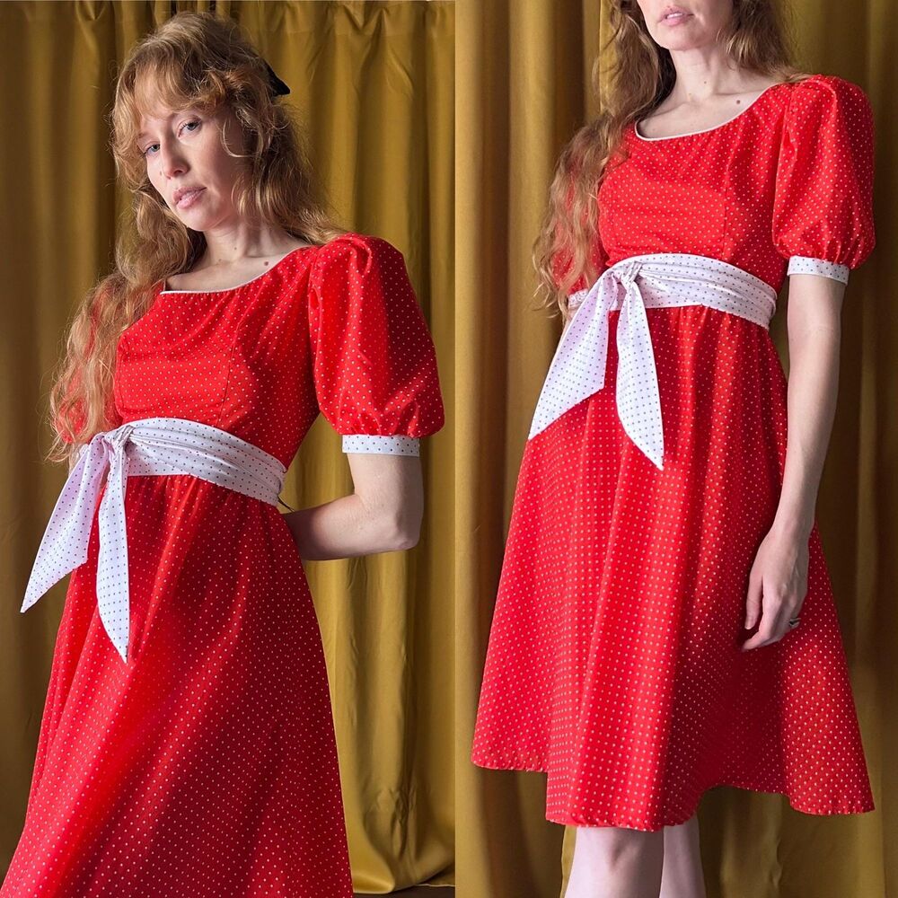 Vintage 1970s Polka Dot Puff Sleeve Dress XS